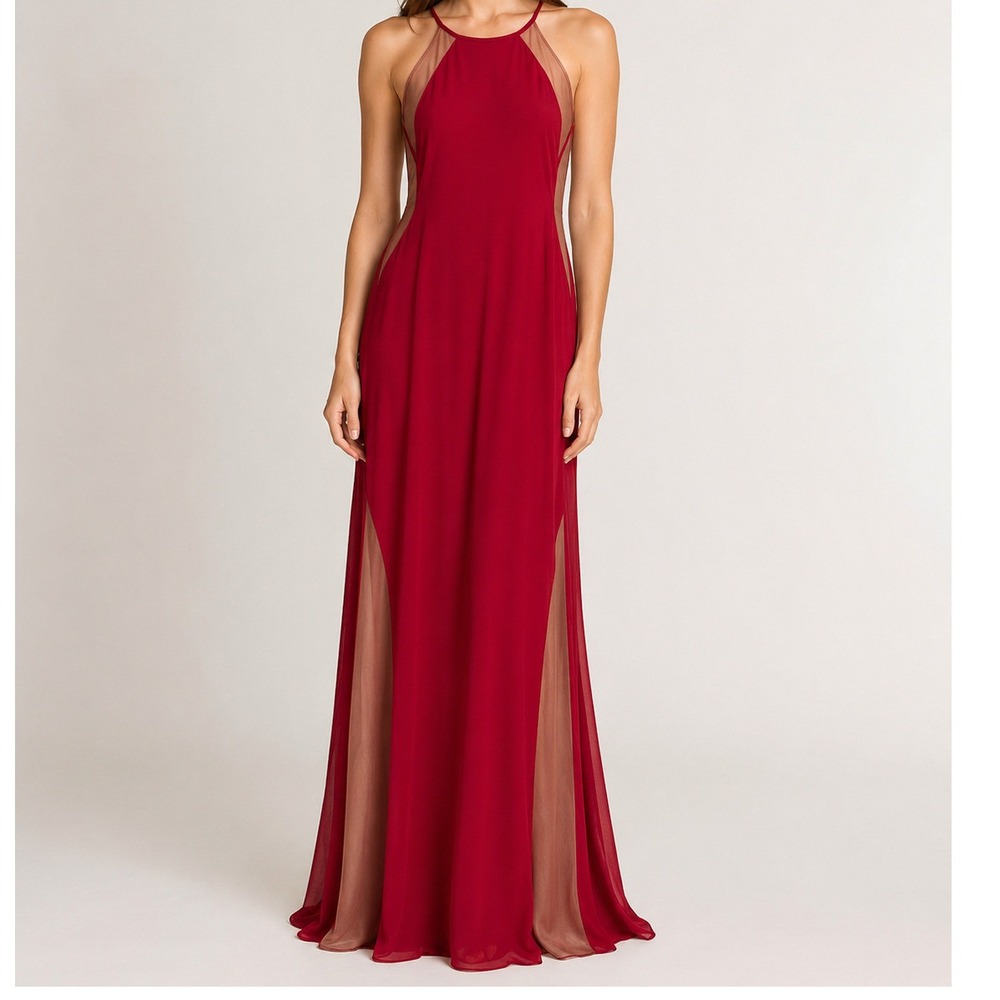 Nightway Red Nude Illusion Mesh Size 4  Halter Evening Gown Prom Dress NWT